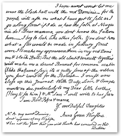 Anna Green Winslow's diary entry in handwriting